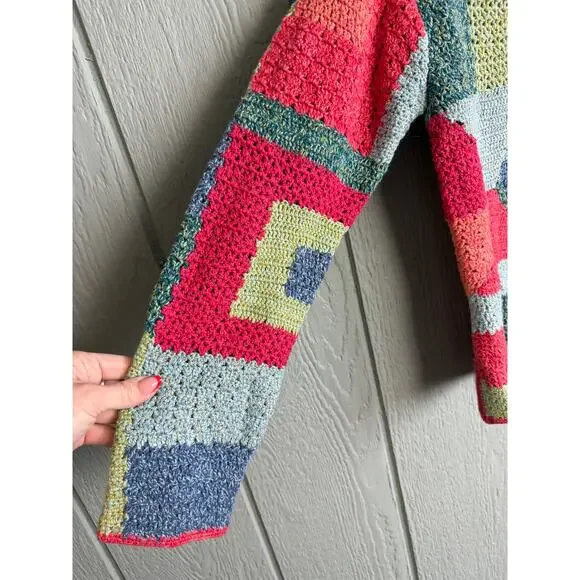 Vintage 2002 Susan Bristol Hand Knit Patchwork Crochet Cardigan Sweater M - Picture 2 of 7